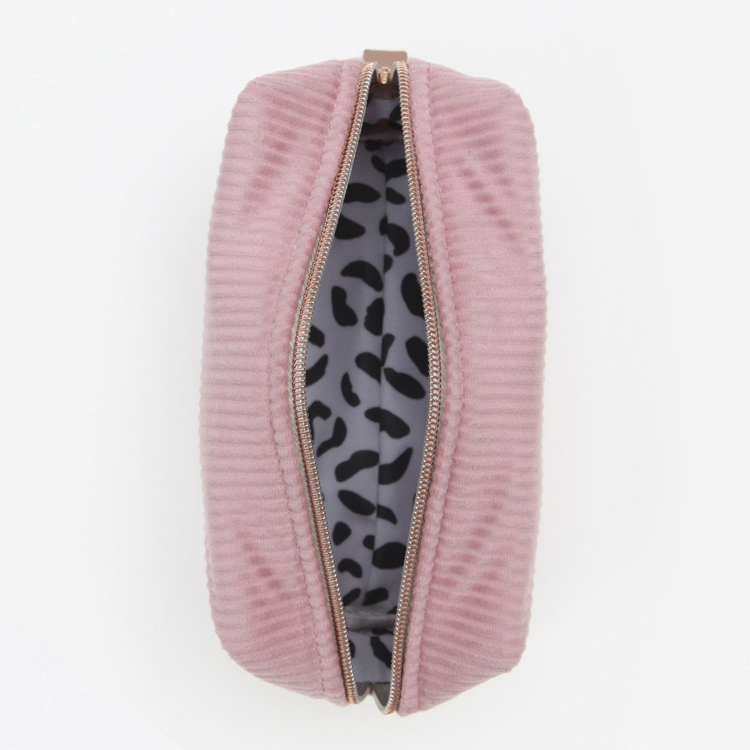 Inner leopard lining of cube cosmetic bag in pink cord
