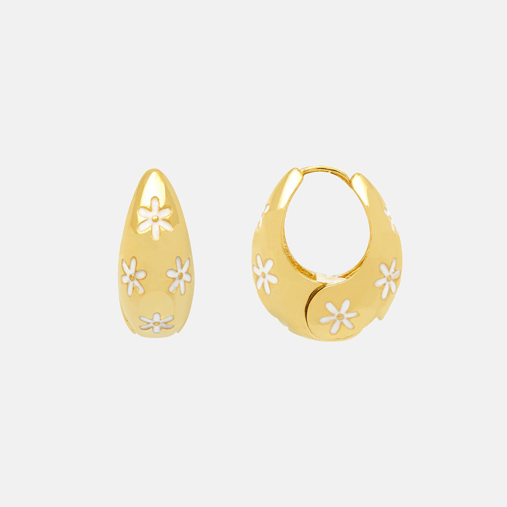 Chunky hoop daisy embossed gold plated earrings