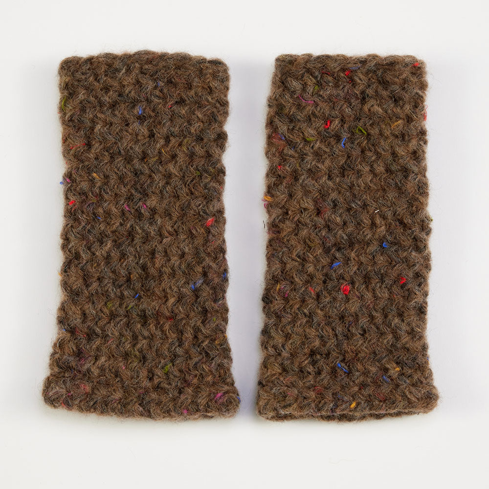 brown with colourful flecks knitted wrist warmers
