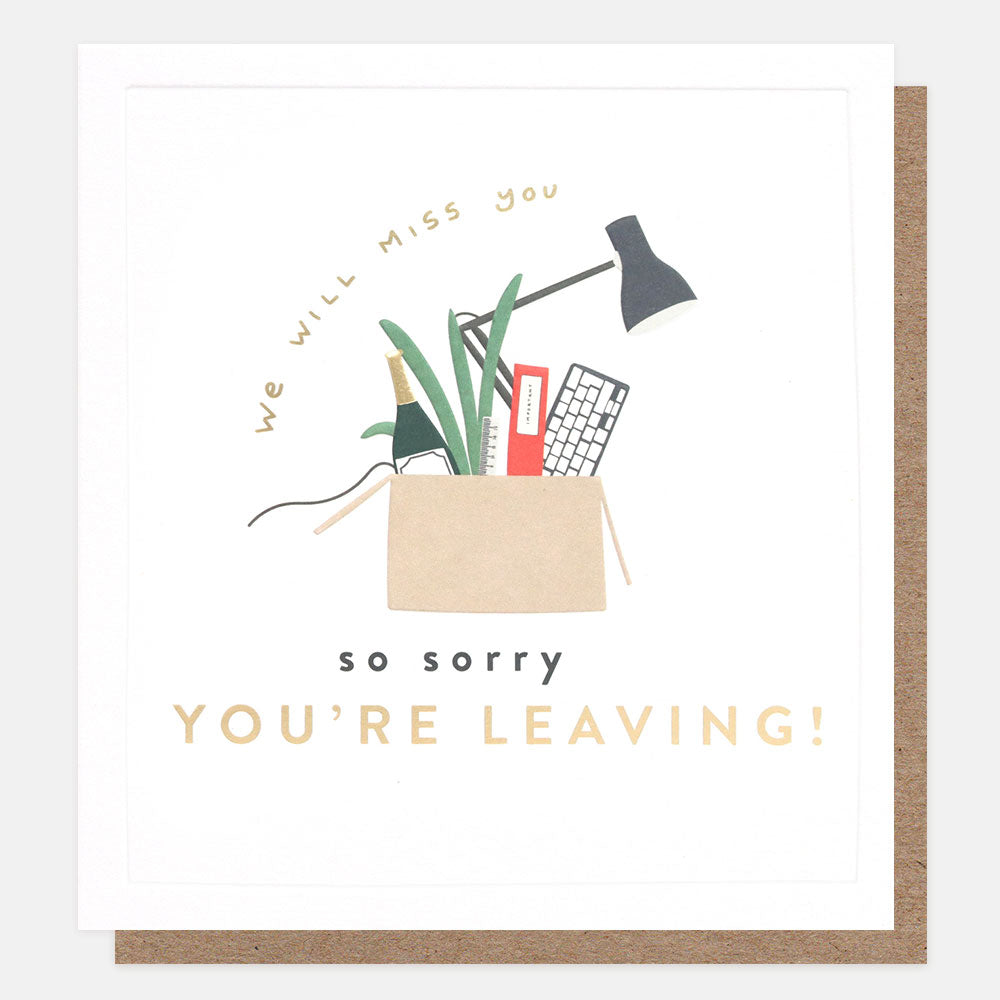 we will miss you so sorry you're leaving card featuring a packed up box design