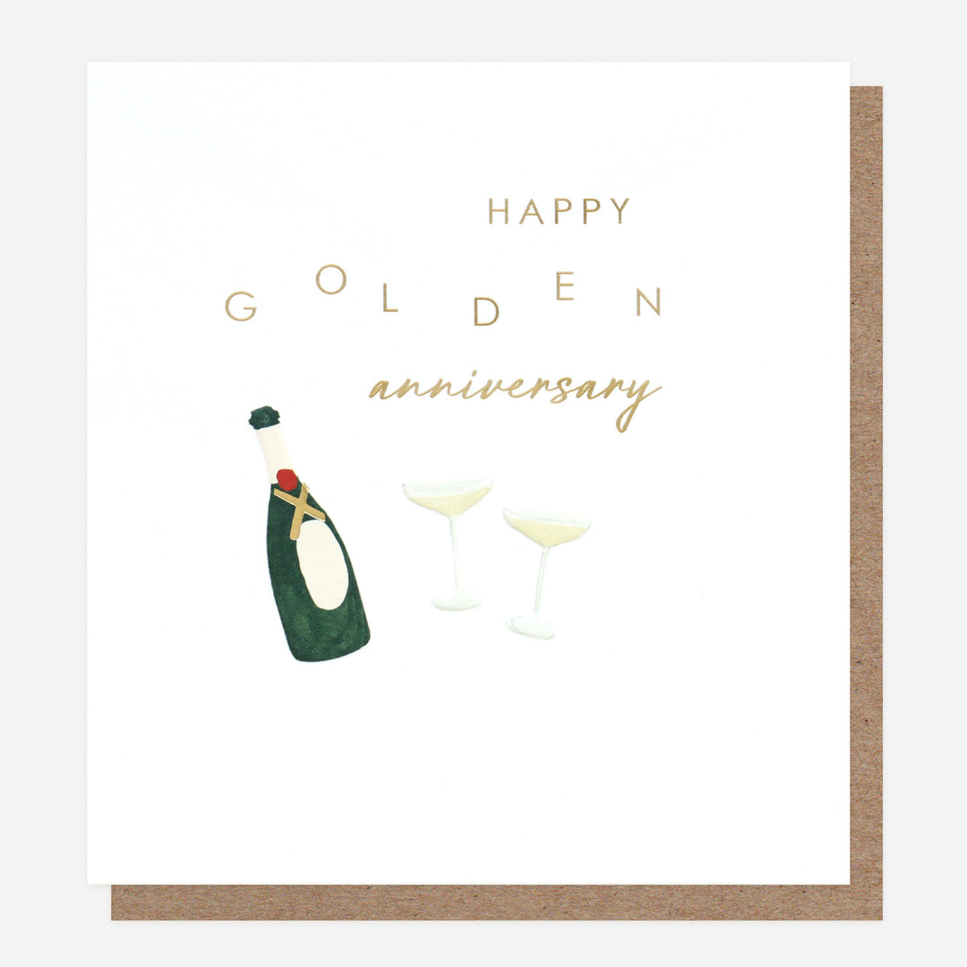 golden anniversary card with champagne bottle and flutes 