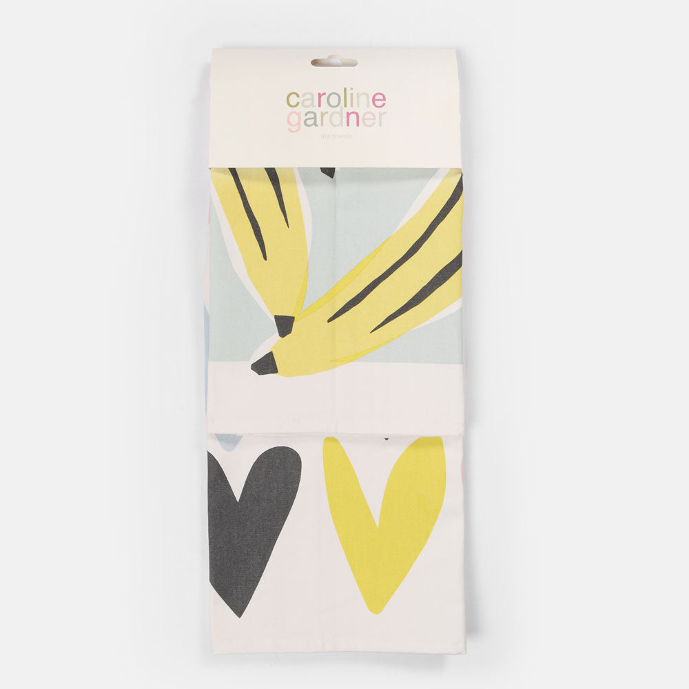 Banana/Multi Heart Tea Towel Set of 2