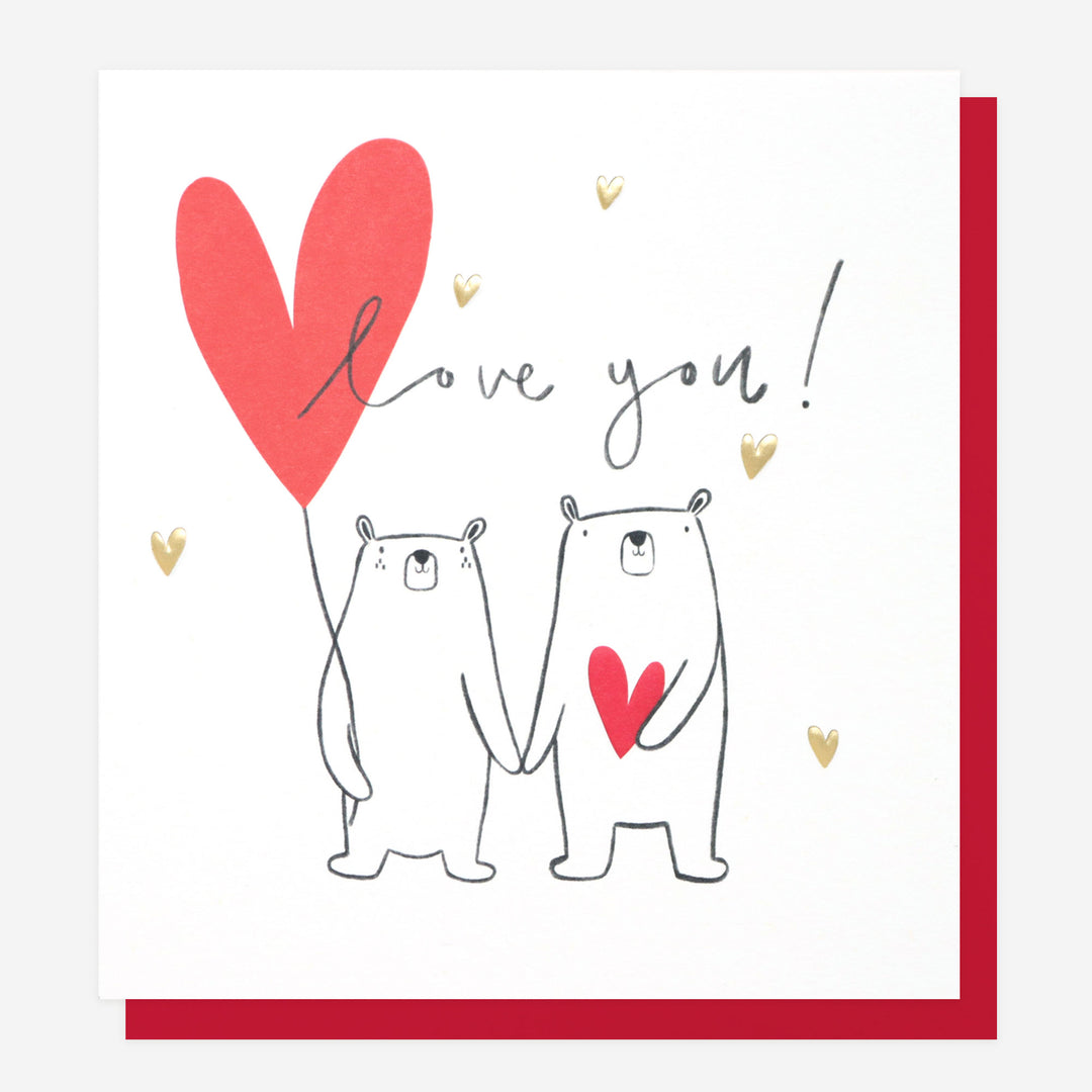 bears holding hands with love heart balloon 'love you' card for anniversary, valentine's day, birthday
