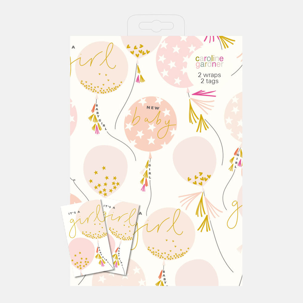 Baby Girl Balloons Wrapping Paper and Tags Set of 2 Caroline Gardner