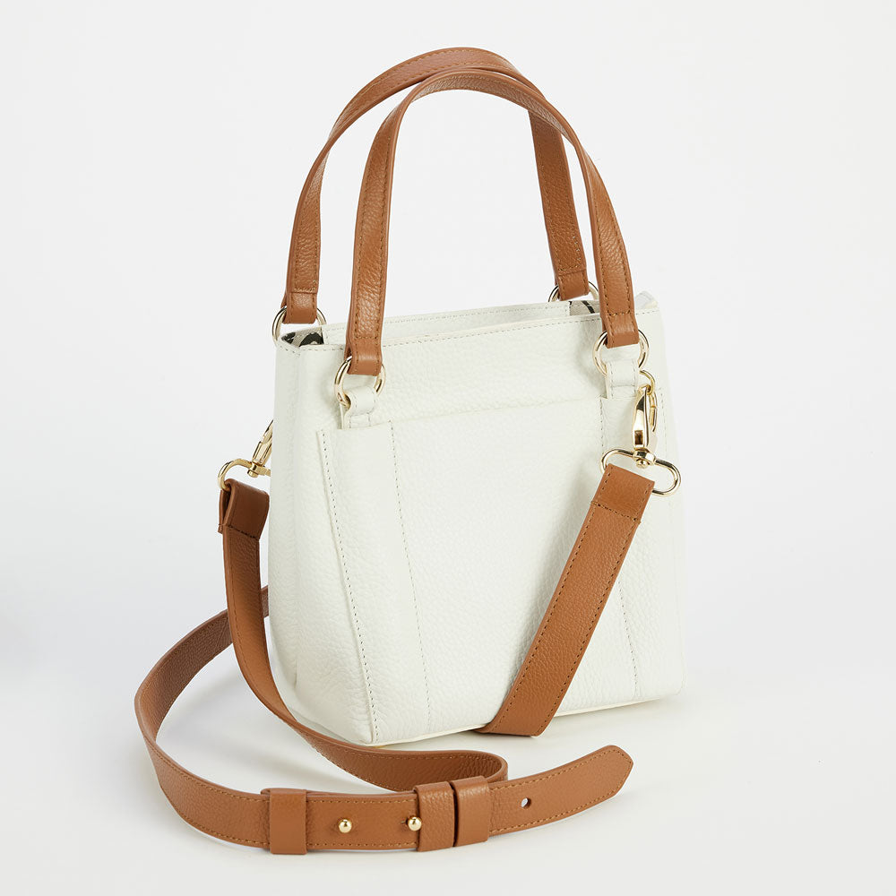 white leather mini crossbody bag with tan leather straps