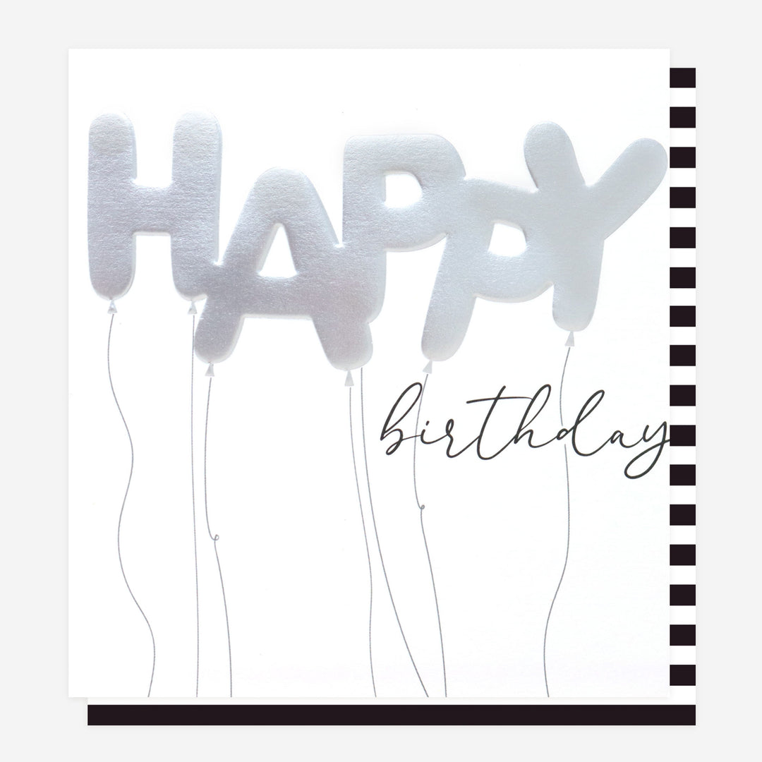happy birthday card with letter balloons in silver black and white 