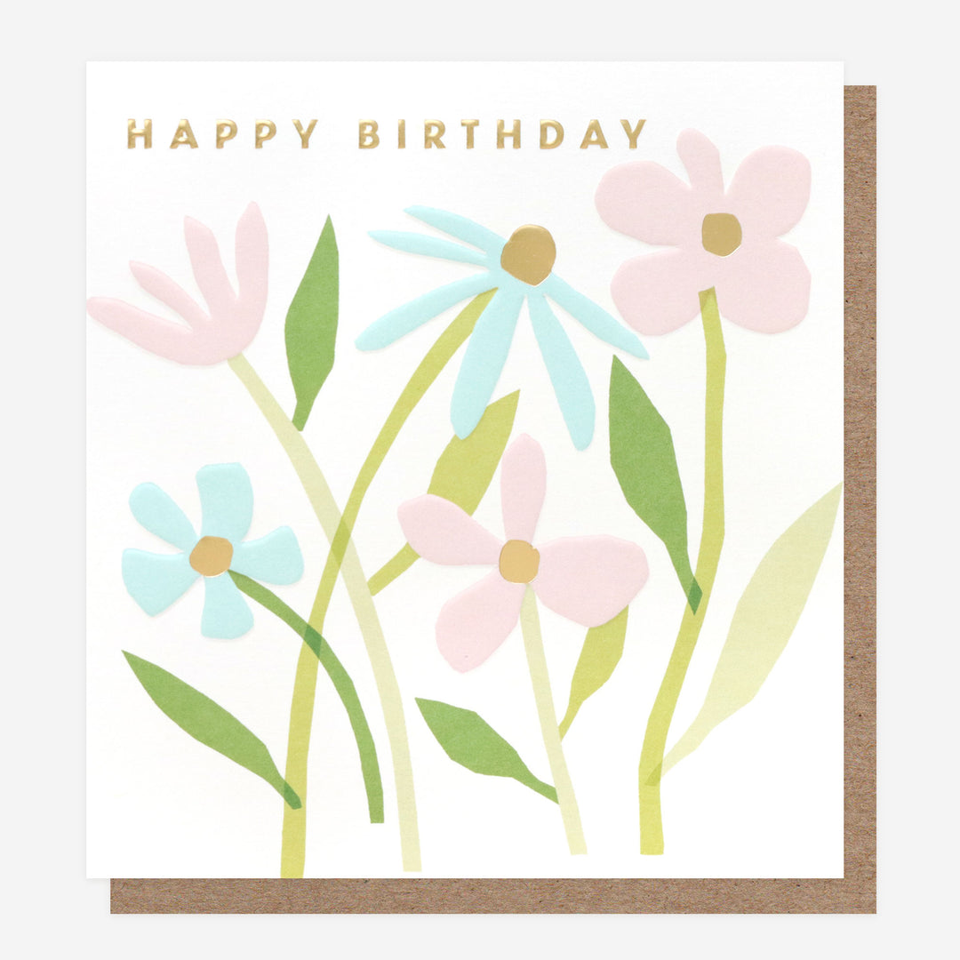 happy birthday card with pink and light blue flowers
