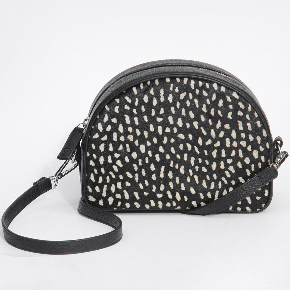 Black Cheetah Leather Half Moon Crossbody Bag, Animal Print Black Crossbody Leather Pony Skin Bags, 1