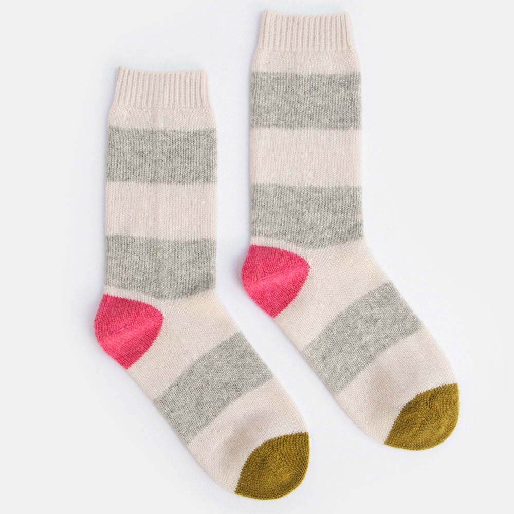 cream & light grey striped pure cashmere bed socks