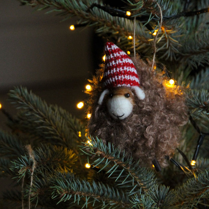 brown woolly felt sheep christmas tree hanging decoration