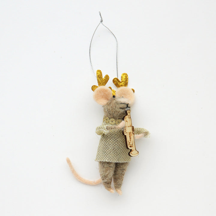 wool felt mouse with trumpet hanging christmas tree decoration
