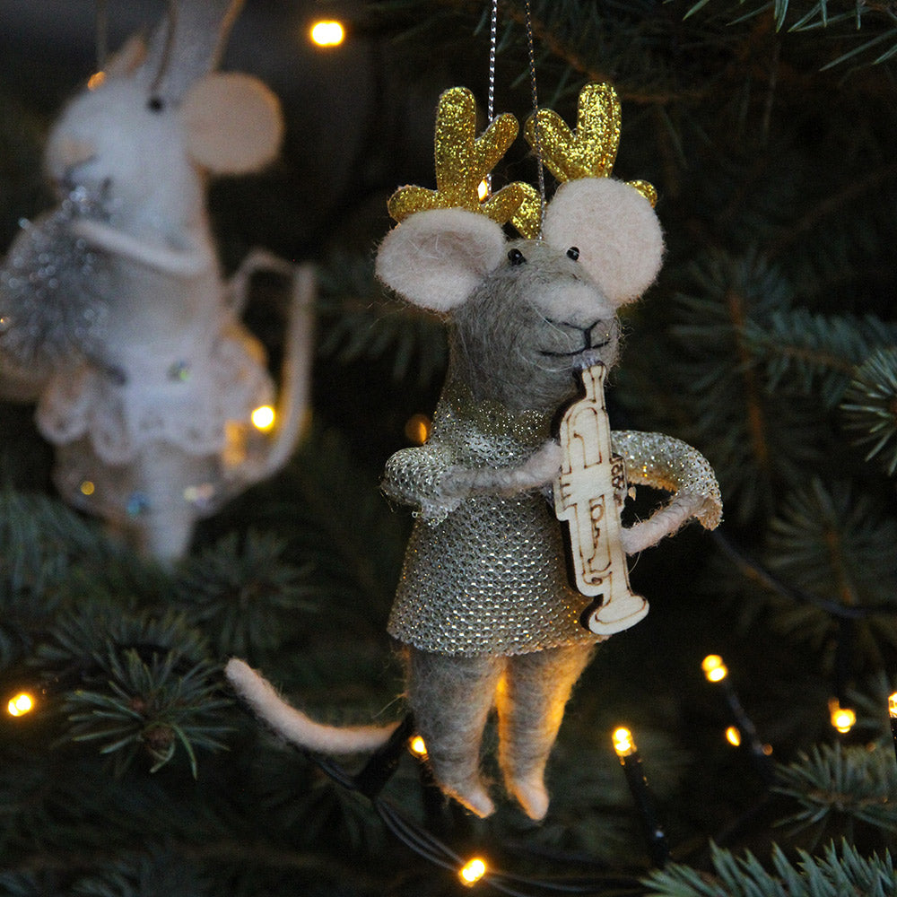 wool felt mouse with trumpet hanging christmas tree decoration