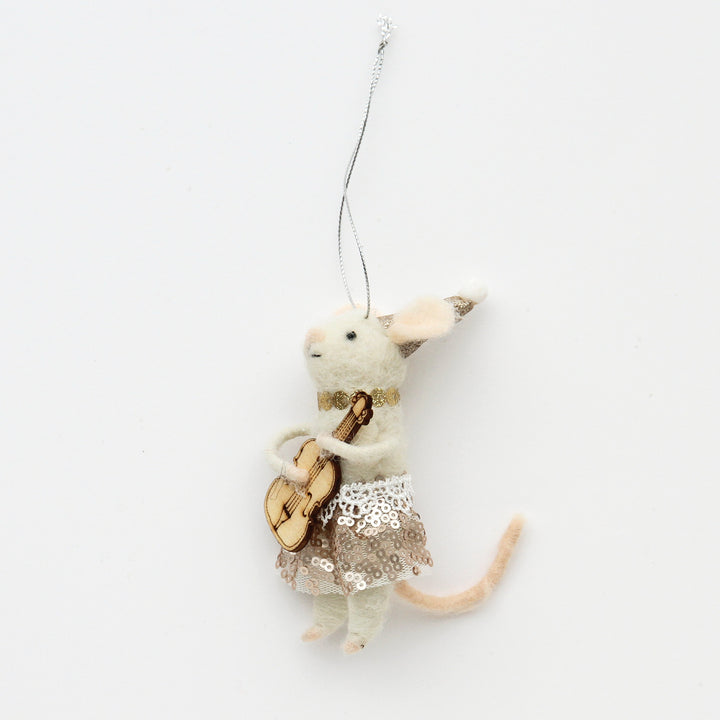 wool felt mouse with a violin hanging christmas tree decoration