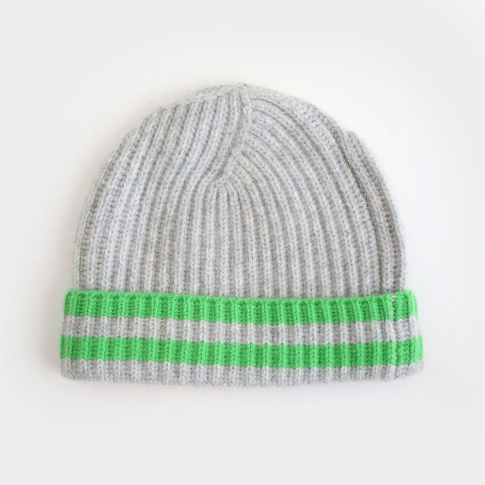Grey/Green Stripe Cashmere Rib Beanie Hat