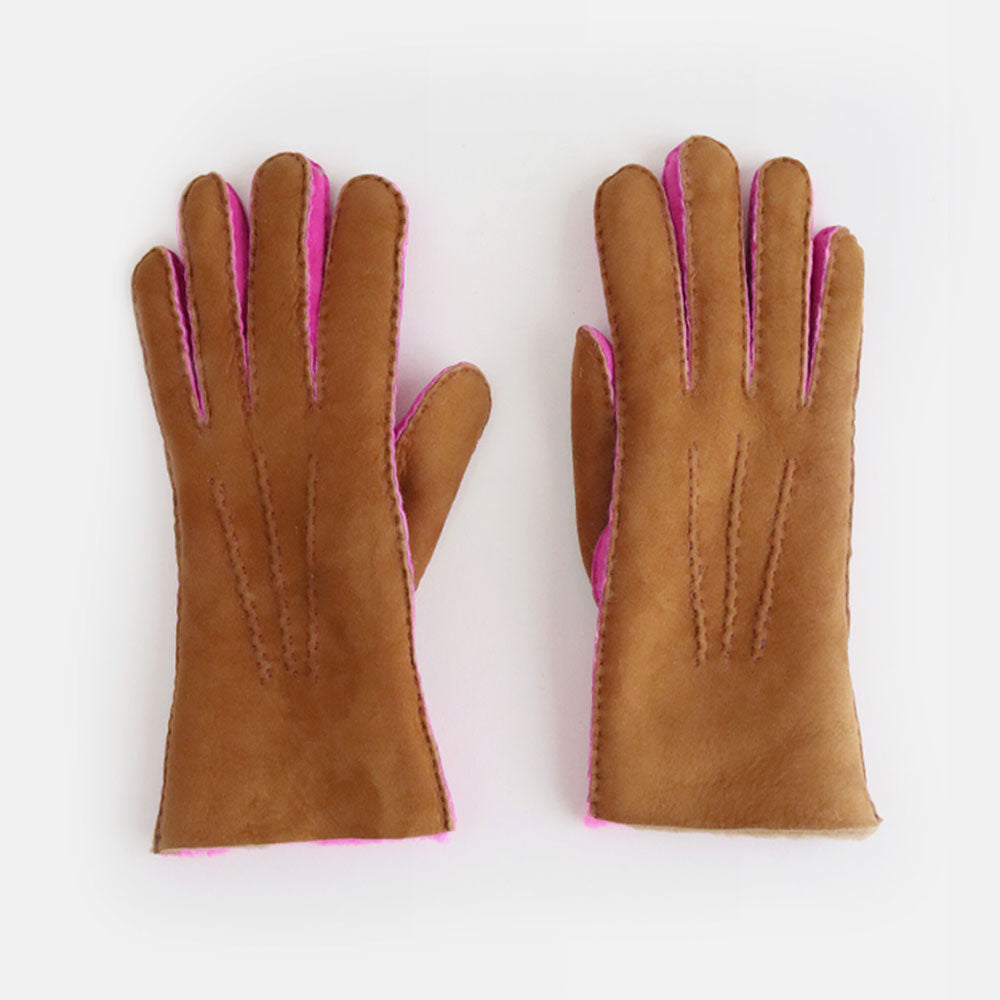 Tan/Bright Pink Shearling Gloves