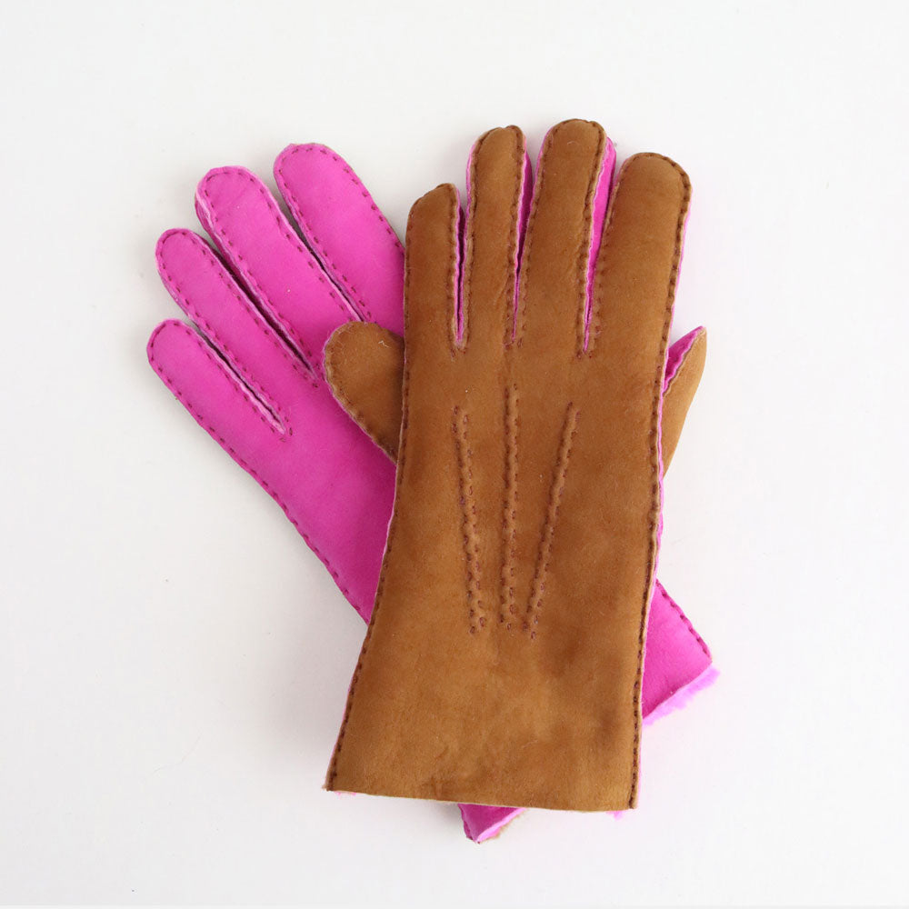 Tan/Bright Pink Shearling Gloves