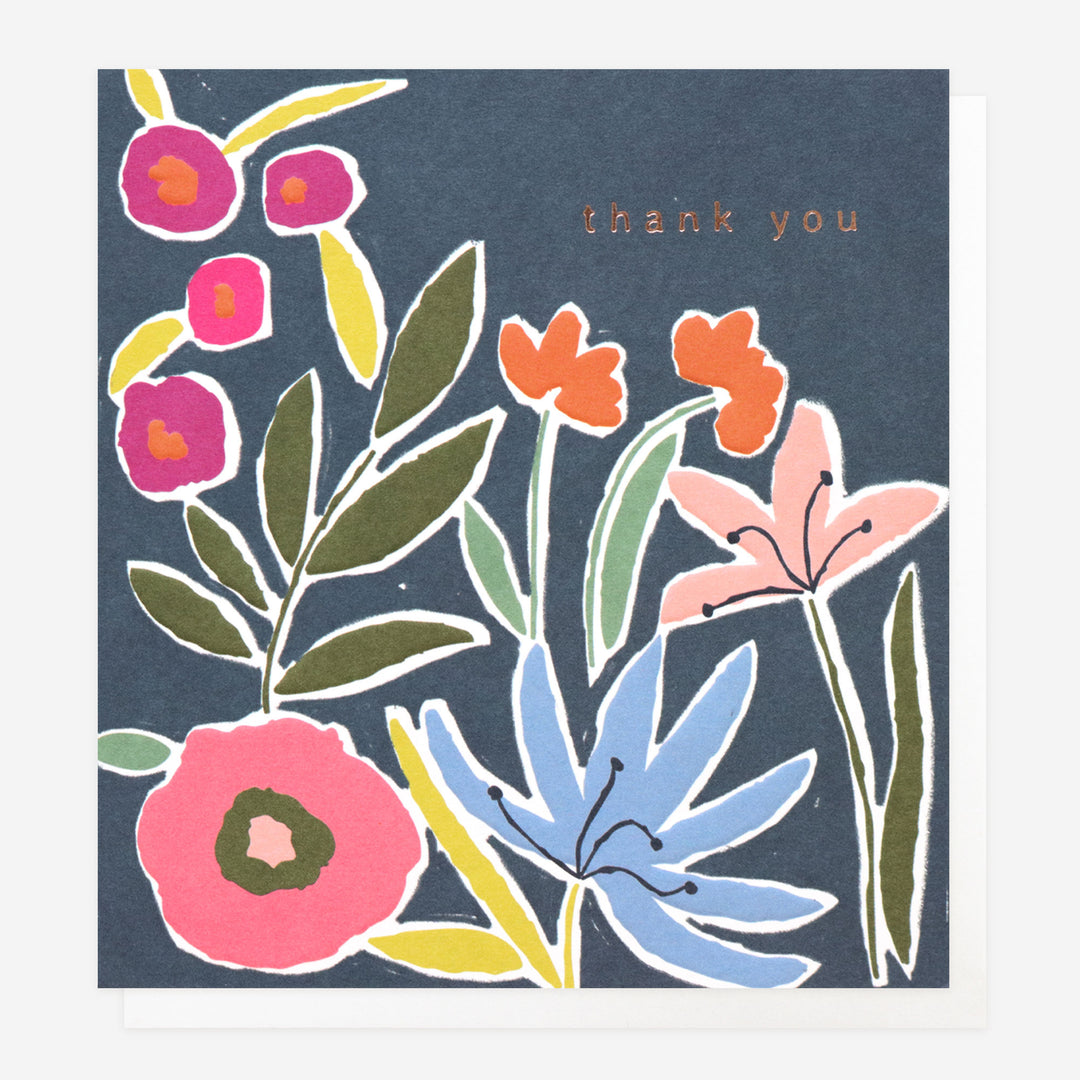 thank you card with colourful flowers on navy background 