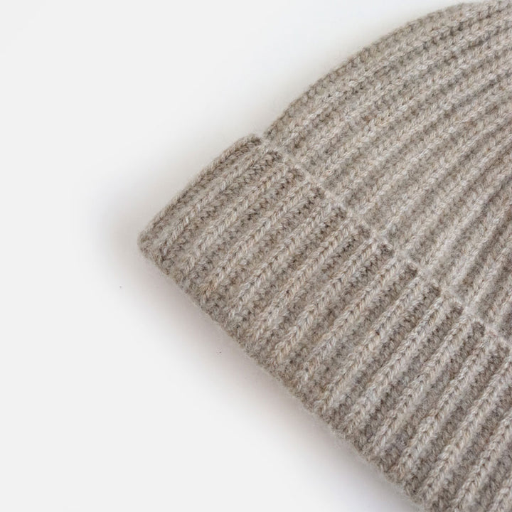 pure cashmere taupe rib knit beanie hat