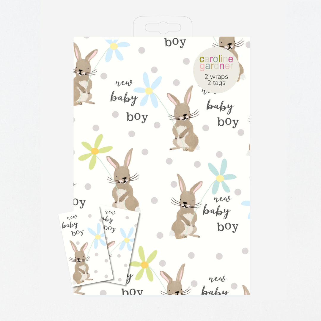 New Baby Boy Bunnies Wrapping Paper and Tags Set of 2
