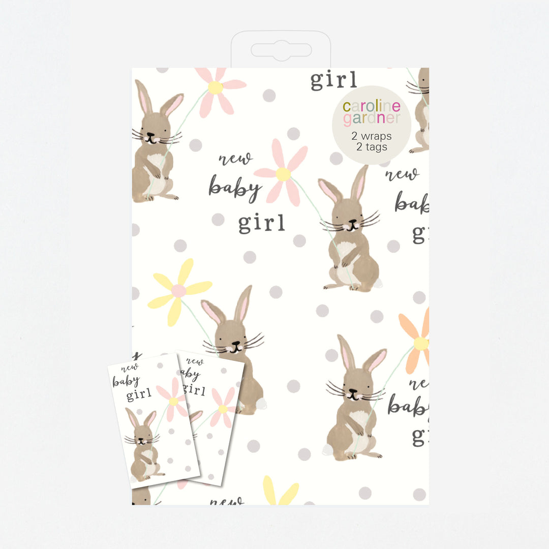 New Baby Girl Bunnies Wrapping Paper and Tags Set of 2