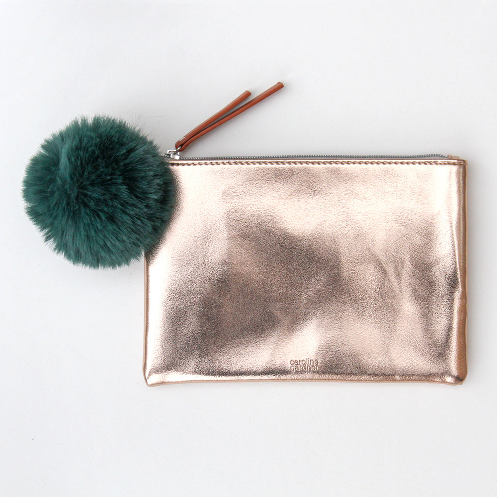 rose-gold-pouch-with-green-faux-fur-pom-pop100-Purses and Pouches-1